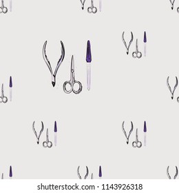 Seamless pattern with manicure tools. Vector illustrations with watercolor style paint splashes. Design for logo, t shirt and uniform. Fashion background for beauty, nail art salon.