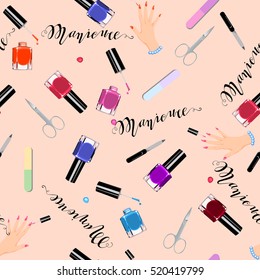Seamless pattern manicure tools. Vector illustration. Hand drawing manicure tools. Manicure tools card.