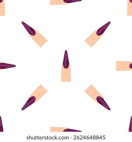 Seamless pattern of manicured nails with purple nail polish on white background, great for beauty and fashion designs