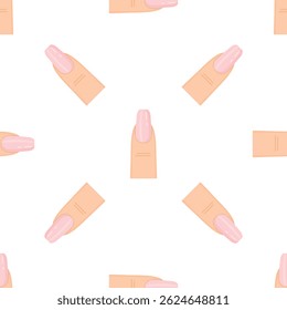 Seamless pattern of manicured woman fingers with pink nail polish on white background, beauty salon vector illustration