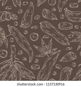 Seamless pattern with manihot esculenta: cassava root, tuber, manihot slice and leaves. Vector hand drawn illustration.