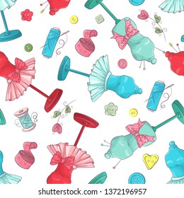 Seamless pattern of mannequin sewing accessories. Hand drawing. Vector illustration