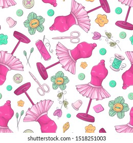 Seamless pattern of mannequin sewing accessories. Hand drawing. Vector illustration