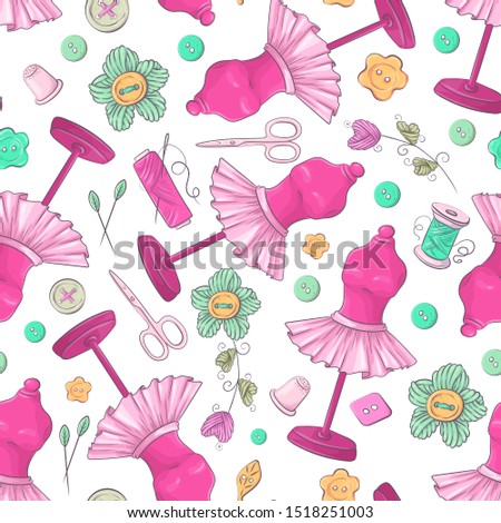 Seamless pattern of mannequin sewing accessories. Hand drawing. Vector illustration