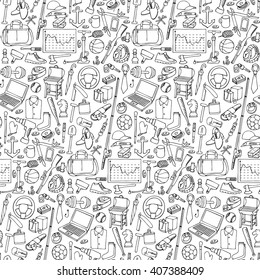 Seamless pattern with of mans hobby,  tools and objects 