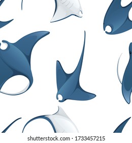 Seamless pattern of manta ray underwater giant animal with wings simple cartoon character design flat vector illustration on white background