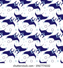 Seamless pattern with mantas on a white background. Vector wallpaper with sea animals.