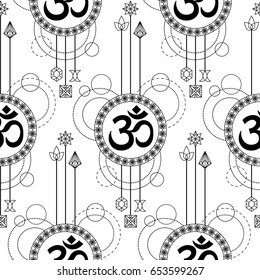 Seamless pattern with mantra Om abstract composition on white background. Modern textile print, coloring page.