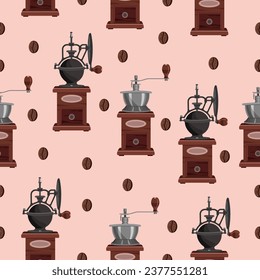 Nahtlose Muster manuelle Kaffeemaschine und Kaffeebohnen.Vintage Muster für Kaffeehäuser, Textilien, Verpackungen, Banner.