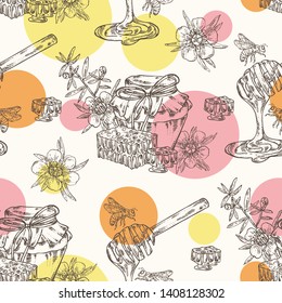 Seamless pattern with manuka honey: flowers of manuka, bee and jar of honey, honeycomb. Vector hand drawn illustration.