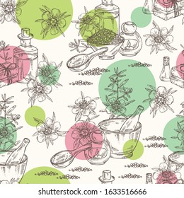 Seamless pattern with manuka: leaves and flowers of manuka, soap and bath salt. Cosmetic and medical plant. Vector hand drawn illustration