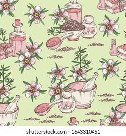 Seamless pattern with manuka: leaves and flowers of manuka, soap and bath salt. Cosmetic and medical plant. Vector hand drawn illustration