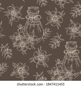Seamless pattern with manuka leaves and flowers and bottle of manuka essential oil. Cosmetic, perfumery and medical plant. Vector hand drawn illustration.