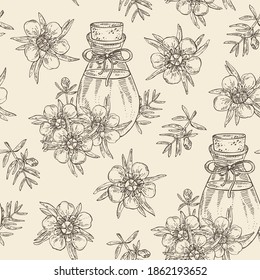 Seamless pattern with manuka leaves and flowers and bottle of manuka essential oil. Cosmetic, perfumery and medical plant. Vector hand drawn illustration.