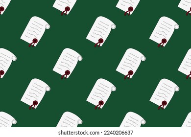 Seamless pattern with manuscript and red retro stamp on green background. Wallpaper print. Children bed linen. Backdrop with vintage writing accessories.