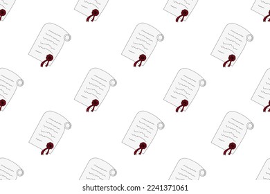 Seamless pattern with manuscript and red retro stamp on white background. Wallpaper print. Children bed linen. Backdrop with vintage writing accessories.