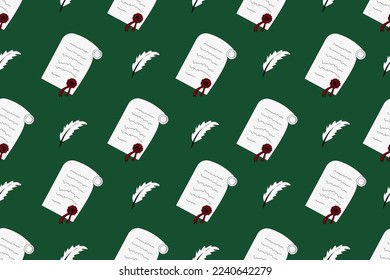 Patrón sin brillo con manuscrito y lápiz de tinta retro sobre fondo verde. Papel de escritorio impreso. Ropa de cama para niños. Fondo con accesorios de escritura vintage.