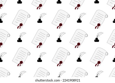 Seamless pattern with manuscript and retro inkwell,  pen on white background. Wallpaper print. Children bed linen. Backdrop with vintage writing accessories.