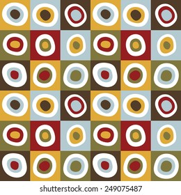 Seamless pattern. Many abstract circles(red, blue, yellow, green and white) in the colored squares