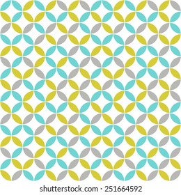 Seamless pattern.  Many abstract flowers (blue, yellow and grey circles) on white background