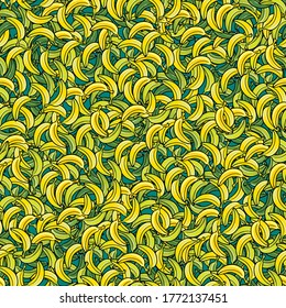seamless pattern many bananas: 
yellow and green fruits with a black outline on a turquoise background