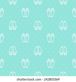 Seamless pattern. Many beautiful white shoes with hearts on turquoise background.