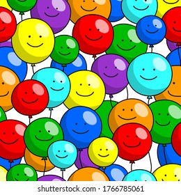 Seamless pattern from many bright balloons of different colors and sizes with funny smiling faces, cheerful background for birthday greeting card, design for wrapping paper