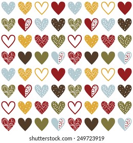 Seamless pattern. Many colored (red, blue, yellow, green, brown) hearts with different textures on white background