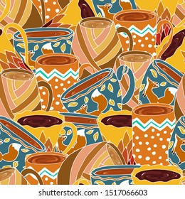 Seamless pattern with many colorful cups. Welch texture with autumnal, cozy, warm colors. Kitchen textiles.