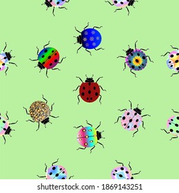 Seamless pattern of many colorful Ladybugs isolated on green color background. Vector illustration of good luck concept design.