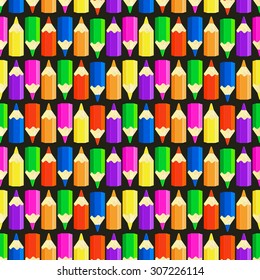 Seamless pattern with many colorful pencils on dark backdrop, cartoon vector illustration, back to school background