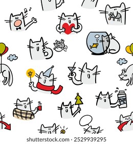 Seamless pattern with many cute cats and kittens. Vector endless illustration of funny pets, fish, food and drinks. Doodle animals with magic, love heart and party balloons flying in the sky.