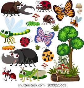 Seamless pattern with many different beetles character on white background illustration