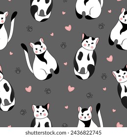Seamless pattern with many different  black and white cats on grey background. Vector illustration for children.