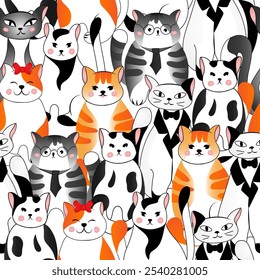 Seamless pattern with many different cats on white background. Vector illustration for children.