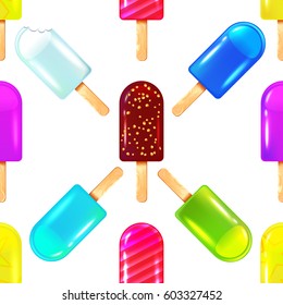 Seamless pattern with many different colored ice cream on white background. May used for Paper Print, Fabric Print. Vector illustration