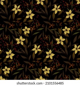 Seamless pattern with many different contour flowers, leaves, herbs on a dark background. Vintage botanical print with various wild plants. Old-fashioned floral background. Vector.