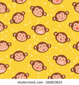 Seamless pattern with many different expression face of cute monkey in yellow bubble background.