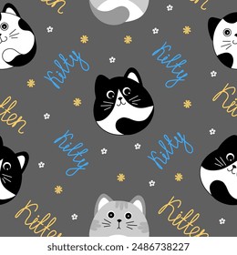 Seamless pattern with many different grey, black and white cats on grey background. Vector illustration for children.