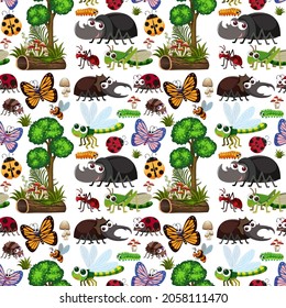 Seamless pattern with many different insects character illustration