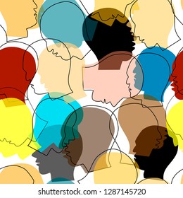 Seamless pattern of many different nationalities of the profile of people of different colors and black contours. Vector illustration on white background.