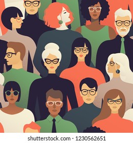 Seamless pattern of many different people profile heads. Vector background.