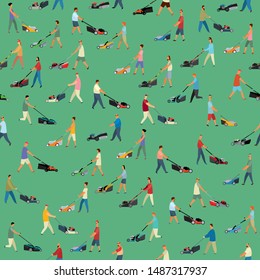 Seamless pattern. Many different people mow grass with different lawn mowers. Vector full color graphics