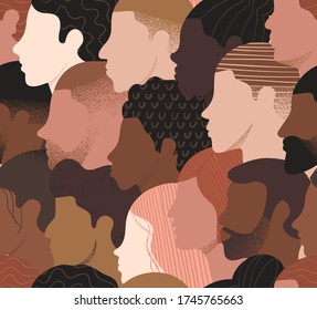 Seamless pattern of many different people profile heads.