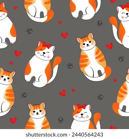 Seamless pattern with many different  red cats on grey background. Vector illustration for children.