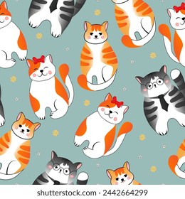 Seamless pattern with many different  red, grey cats on green background. Vector illustration for children.