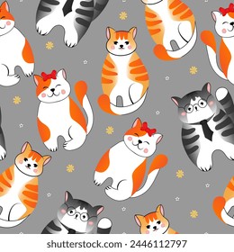 Seamless pattern with many different  red, grey cats on grey background. Vector illustration for children.