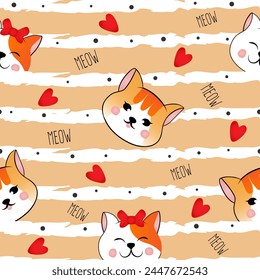 Seamless pattern with many different  red heads of cats on orange striped background. Vector illustration for children.