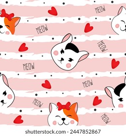 Seamless pattern with many different  red and black and white heads of cats on pink striped background. Vector illustration for children.