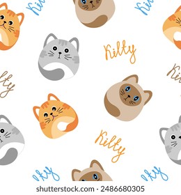 Seamless pattern with many different  red, grey, siamese cats on white background. Vector illustration for children.